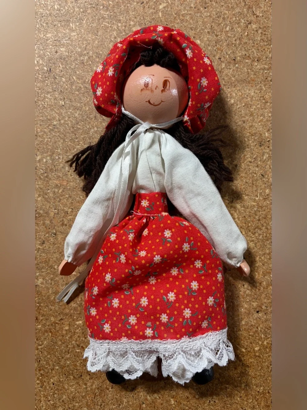 Vintage Polish Wooden Peg Doll Girl Floral Dress Folk Art
